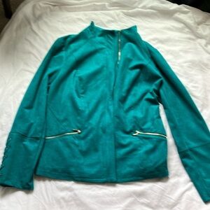 Chico’s:Tapestry Teal Faux Suede Jacket- Lace up sleeve- gold tone-8/10 (size 1)